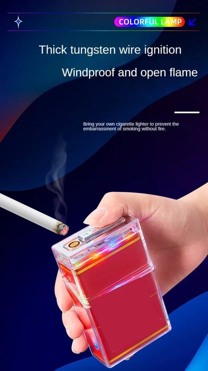 New Type-C Rechargeable Transparent Cigarette Case With Lighter Machine 20 Standard Cigarettes Windproof Cigarette Lighter