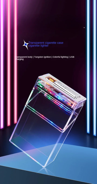New Type-C Rechargeable Transparent Cigarette Case With Lighter Machine 20 Standard Cigarettes Windproof Cigarette Lighter